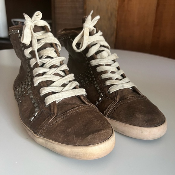 Frye Kira Biker Brown Leather High-Top Sneakers - Picture 3 of 6